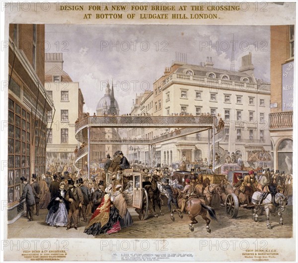 Design for a new footbridge at the crossing Ludgate Hill and Fleet Street, City of London, 1862. Artist: Kell Brothers