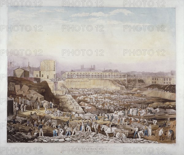 View of construction work at St Katherine's Dock, Stepney, London, January, 1828. Artist: J Phelps