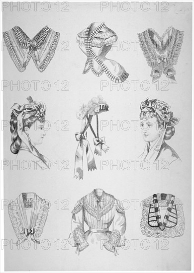 Nine vignettes of collars, hats and bodices, 1872. Artist: Anon