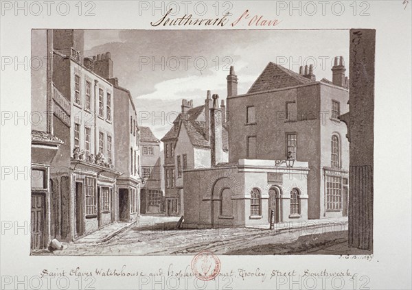 'Saint Olave's Watchhouse and Hopkin's Court near Tooley Street, Southwark', London, 1827. Artist: John Chessell Buckler