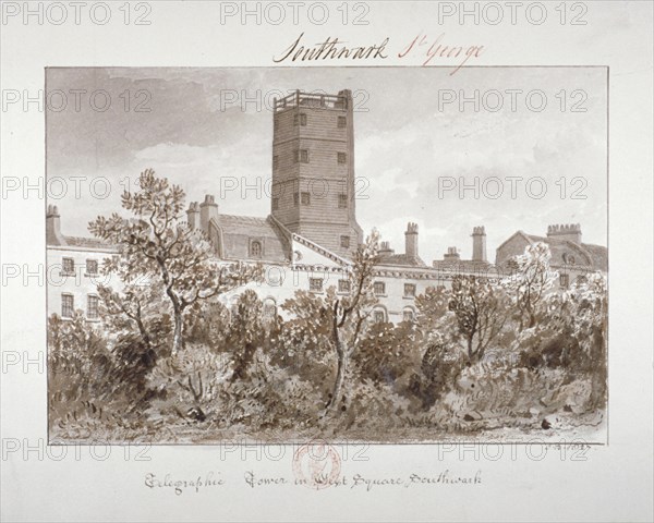 View of telegraphic tower in West Square, Southwark, London, 1827. Artist: John Chessell Buckler