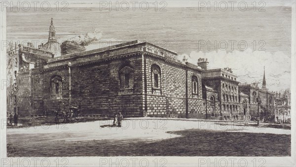 View of Newgate Prison, Old Bailey, from Newgate Street, City of London, c1900. Artist: William Monk