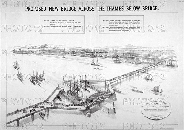 Design by Frederic Barnett for a 'duplex' low-level bridge, London, 1876. Artist: Maclure, Macdonald, Macgregor