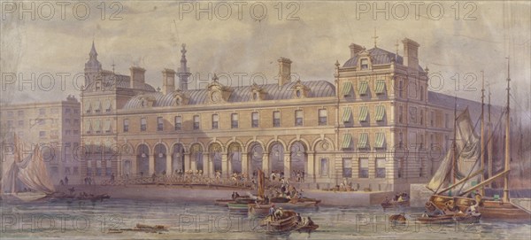 View of Billingsgate Market with figures and boats in the foreground, London, 1877. Artist: CF Kell