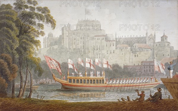 City of London State Barge moving up the River Thames, Windsor, Berkshire, 1812. Artist: Anon