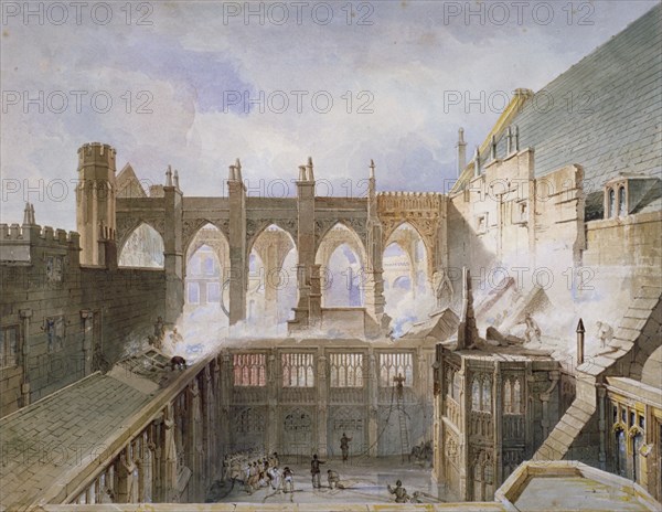 View of the destruction of St Stephen's Chapel, Palace of Westminster, London, 1834 Artist: John Taylor