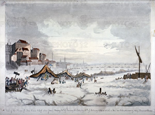 View of a frost fair on the River Thames, London, 1814. Artist: Anon