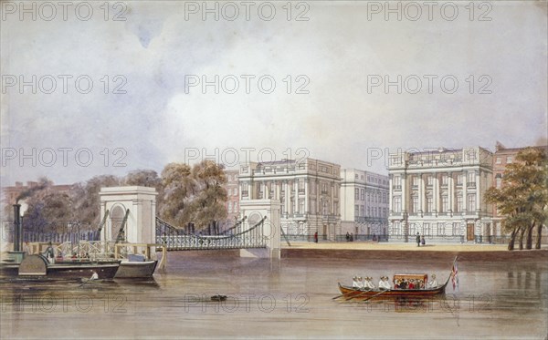 View of Cadogan Pier with boats on the River Thames, Chelsea, London, c1860. Artist: Anon