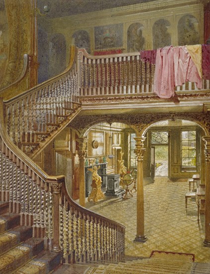 Staircase at Wandsworth Manor House, St John's Hill, Wandsworth, London, 1887. Artist: John Crowther