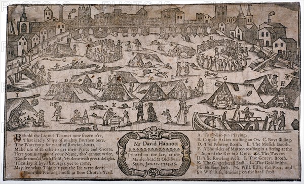 View of a frost fair on the River Thames looking towards London Bridge, London, c1715. Artist: Anon