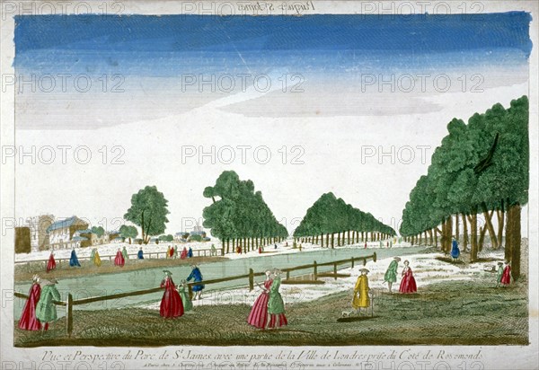 People walking in St James's Park, Westminster, London, c1760. Artist: Anon