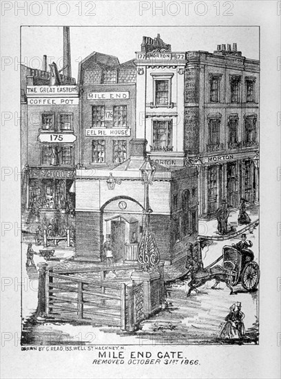 Mile End Gate, Mile End Road, Stepney, London, 1866. Artist: C Read