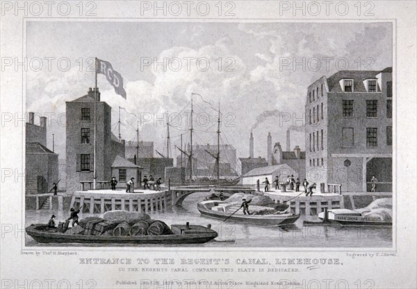 Entrance to Regent's Canal Dock, Limehouse, London, 1828. Artist: Frederick James Havell