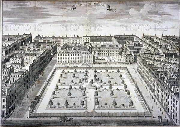 Bird's-eye view of Leicester Square, Westminster, London, c1750. Artist: Sutton Nicholls