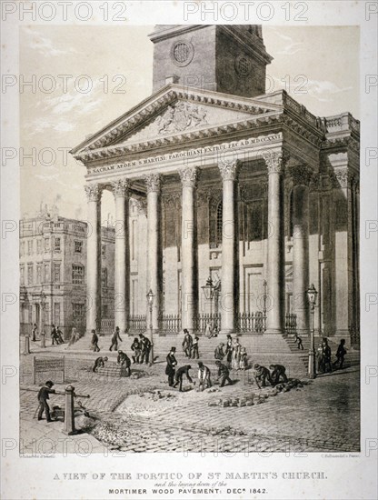 Portico of the Church of St Martin-in-the-Fields, Westminster, London, 1842. Artist: George Scharf