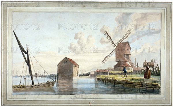 Riverbank view of Wandsworth, London, c1798. Artist: John William Edy