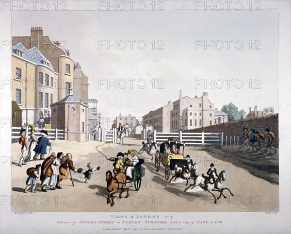 Entrance to Oxford Street at the Tyburn Turnpike, London, 1798. Artist: Heinrich Schutz