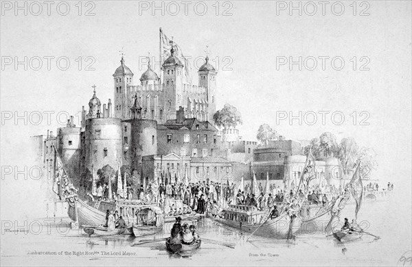 Lord Mayor Thomas Johnson and his entourage embarking from the Tower of London, 1840. Artist: William Parrott