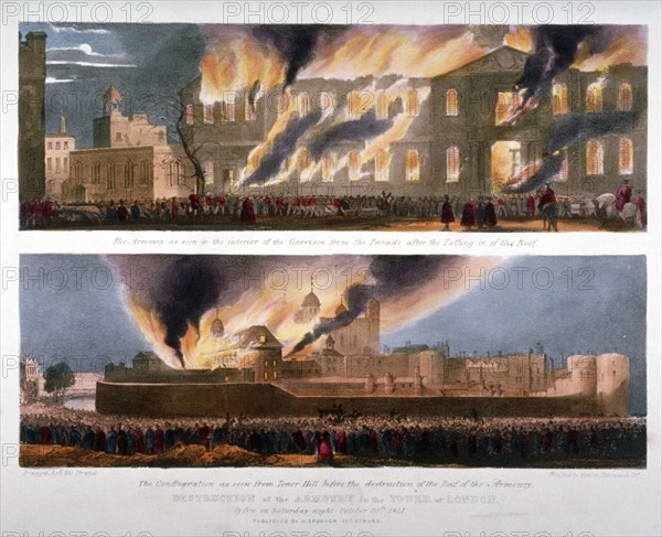 Two views of the destruction of the Armoury in the Tower of London by fire, 30 October 1841. Artist: W Kohler & Co