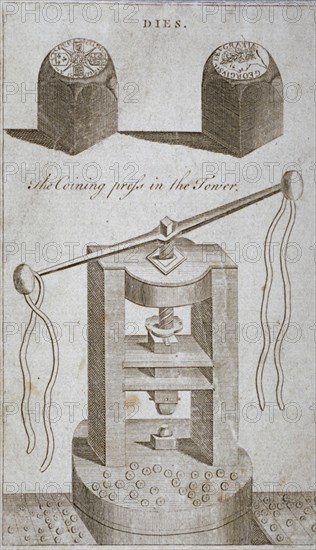 Coining press and dies from the Tower of London, 1800. Artist: Anon