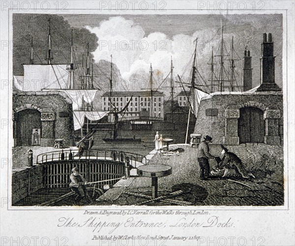 View of the shipping entrance to London Docks, Wapping, 1817. Artist: JC Varrall