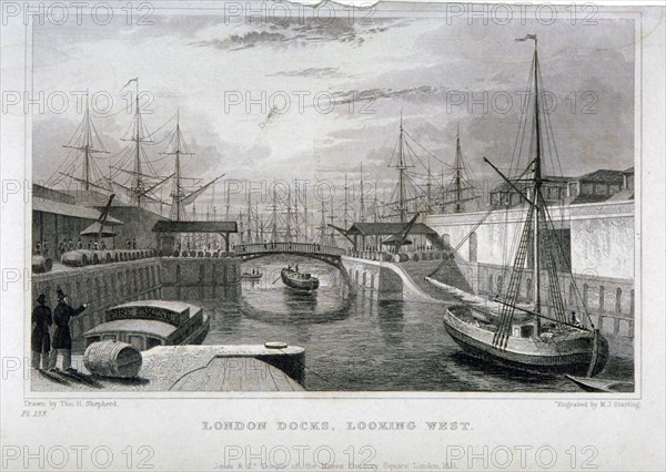 View of London Docks looking west, Wapping, 1831. Artist: MJ Starling