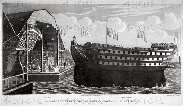 Launch of HMS 'Trafalgar', Woolwich Royal Dockyard, Kent, 1841. Artist: John Henry Banks