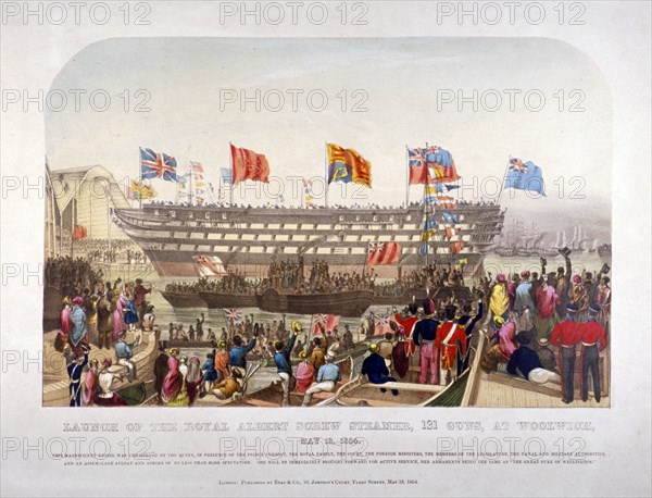 Launch of HMS 'Royal Albert', Woolwich Royal Dockyard, Kent, 1854. Artist: Anon