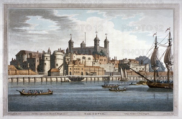 South view of the Tower of London with boats on the River Thames, 1795. Artist: Joseph Constantine Stadler