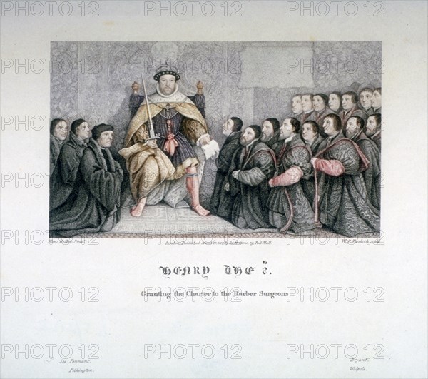 Henry VIII granting the charter to the Barber Surgeons, 16th century, (1817). Artist: William P Sherlock