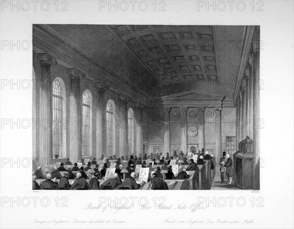 Interior view of the Five Pound Note Office at the Bank of England, City of London, c1840. Artist: Harlen Melville