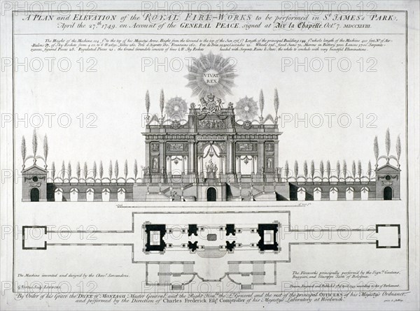 Plan and elevation of the royal fireworks to be performed in St James's Park, London, 1749. Artist: George Vertue