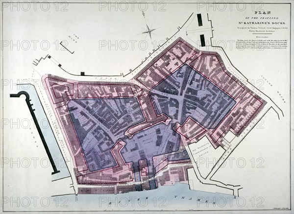 Plan of a proposal to construct a dock on the site of St Katharine's Hospital, London, c1825. Artist: Charles Joseph Hullmandel