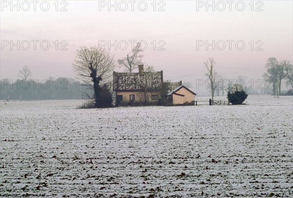 Cottage in a snowy field, Eye, Suffolk. Artist: Tony Evans