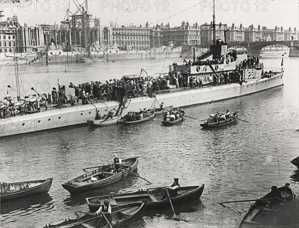 Ship and boats on the River Thames, London, c1913. Artist: Unknown