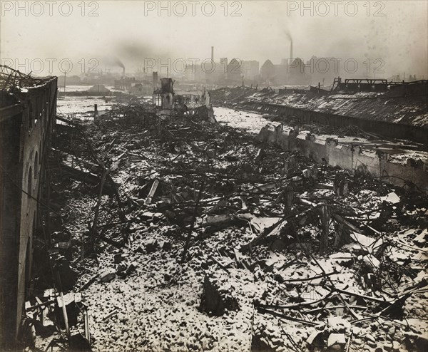 Scene at Silvertown following an explosion in a munitions factory, London, World War I, 1917. Artist: Unknown