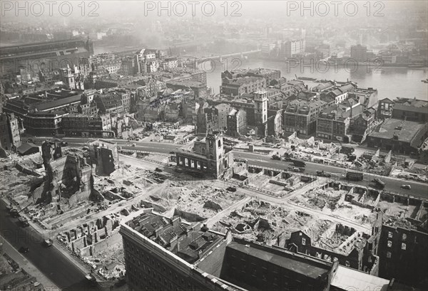 View from St Paul's Cathedral towards Southwark Bridge, London, World War II, 1942. Artists: Arthur Cross, Fred Tibbs