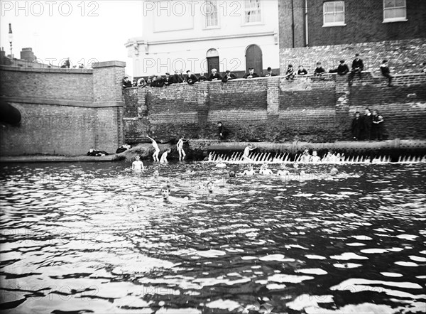 Boys bathing in a sluice on the Grand Union Canal, London, c1905. Artist: Unknown