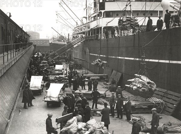 Cargo being loaded or unloaded from a ship, Royal Victoria Dock, Canning Town, London, c1930. Artist: Unknown