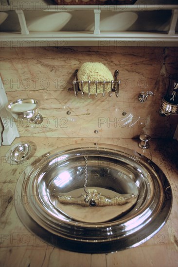 Silver wash bowl, Royal Coach, National Railway Museum, York, North Yorkshire. Artist: Tony Evans