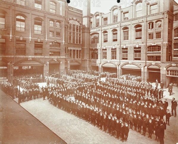 Assembly in the playground, Jews' Free School, Stepney, London, 1908. Artist: Unknown.