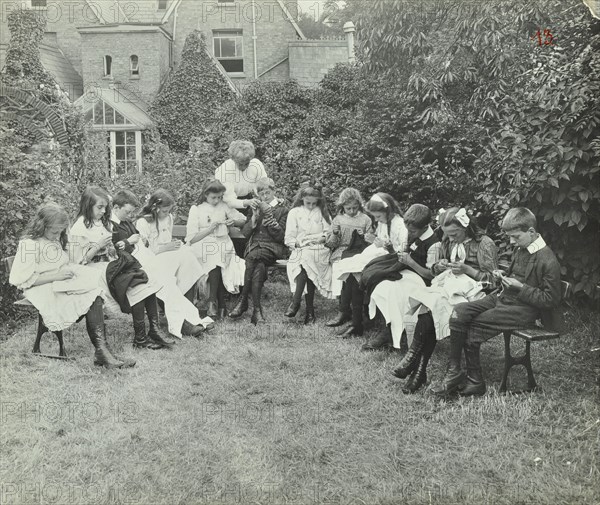 Pupils in the garden doing needlework, Birley House Open Air School, Forest Hill, London, 1908. Artist: Unknown.