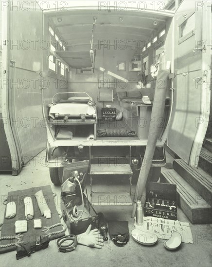London County Council ambulance interior and equipment, 1925. Artist: Unknown.