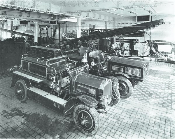 Fire engines at Cannon Street Fire Station, City of London, 1913. Artist: Unknown.