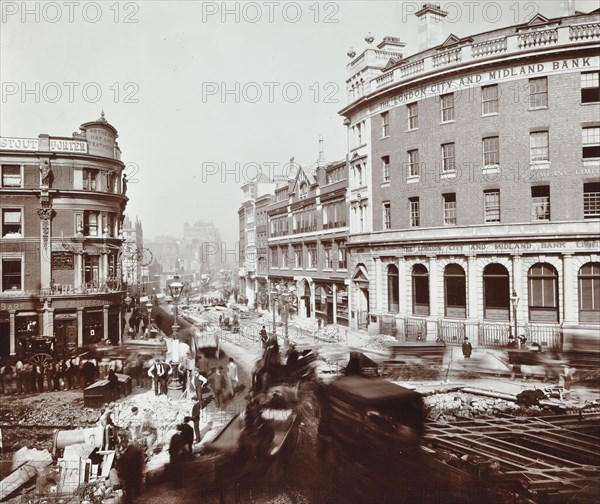 Tramway electrification at the junction of Goswell Road and Old Street, London, 1906. Artist: Unknown.