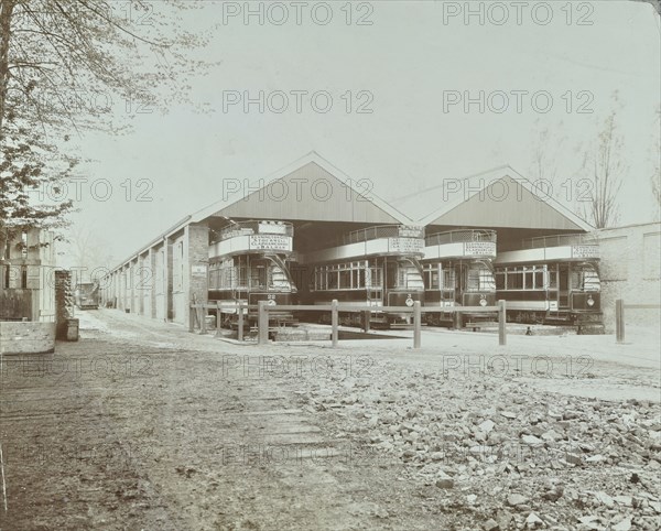 Trams in Balham Car Shed, Wandsworth, London, 1903. Artist: Unknown.