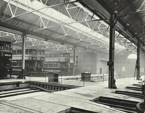 Camberwell Car Shed and trams, London, 1914. Artist: Unknown.