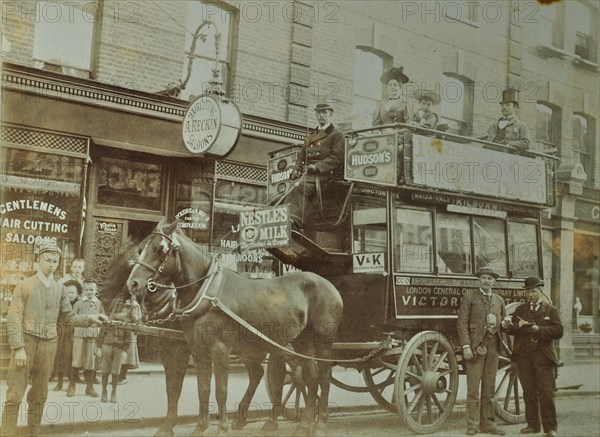 Horse-drawn omnibus and passengers, London, 1900. Artist: Unknown.
