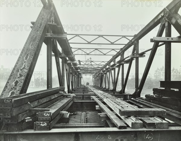 Erection of Emergency Thames Bridge, London, 1942. Artist: Unknown.