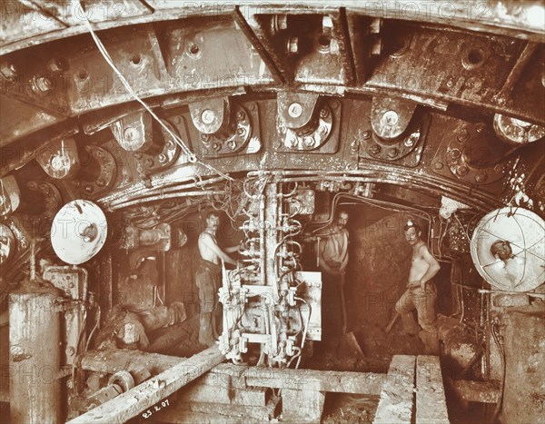 Miners at work on the construction of the Rotherhithe Tunnel, Bermondsey, London, February 1907. Artist: Unknown.